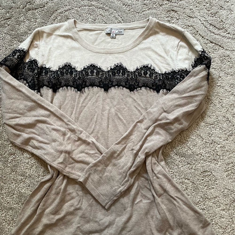 Cream sweater with black lace detail